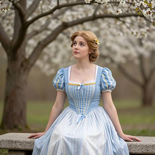 Photograph of a fair-skinned, red-haired woman in a blue and white checkered, puffed-sleeve, Victorian-style dress, seated