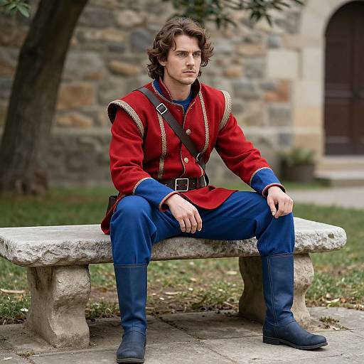 Photograph of a young man with wavy brown hair, wearing a red medieval-style tunic, blue pants, and black boots, sitting on a