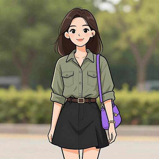 Digital anime-style drawing of a smiling young woman with straight brown hair, wearing a green button-up shirt, black skirt, and purple shoulder bag, standing