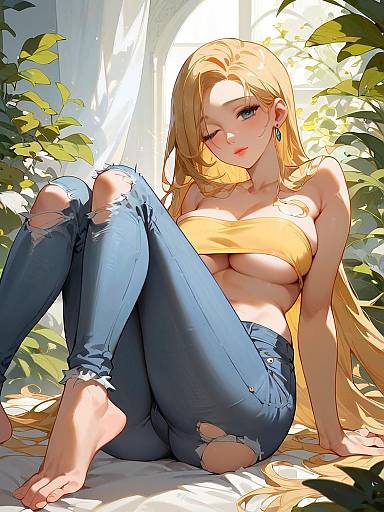 Blonde Woman Relaxing in Ripped Jeans and Bandeau Top