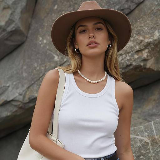 Young Woman in White Tank Top and Brown Hat