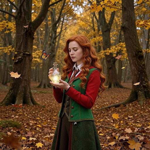 Photograph of a red-haired woman in a green vest and red sweater, holding a glowing glass jar with butterflies, standing in an autumn forest with yellow