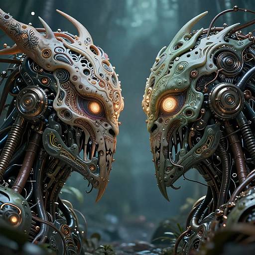 CGI fantasy image of two intricately detailed, glowing-eyed, mechanical dragon heads with ornate, steampunk-like designs, facing each other in