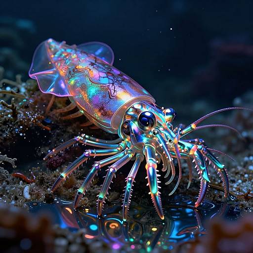 Photograph of a glowing, multi-colored squid with iridescent tentacles and translucent body, illuminated against a dark underwater background.