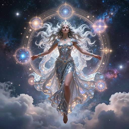 Digital art of a celestial queen with flowing white hair, silver dress, and tiara, floating among glowing orbs and stars above clouds.