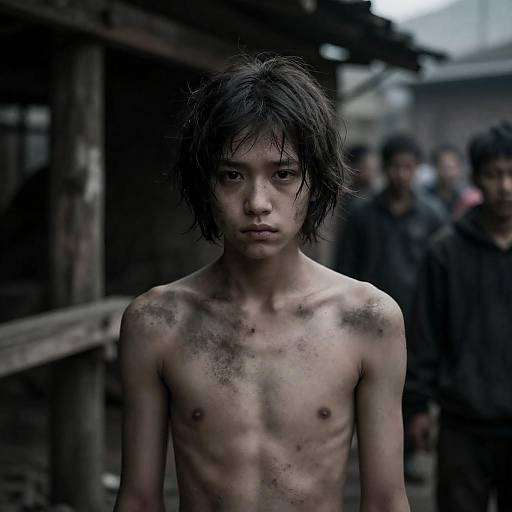 Somber Youth in Rustic Wooden Shelter