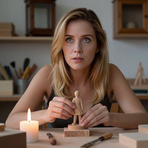 Photograph of a focused blonde woman with blue eyes, wearing a black tank top, building a wooden figure with a candlelit table.