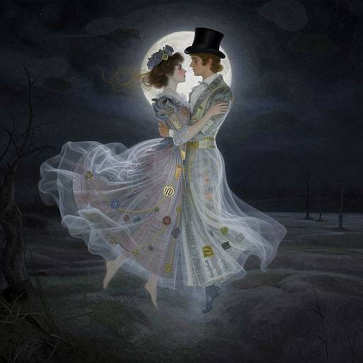 A romantic, ethereal painting of a couple in Victorian attire, floating against a dark, moonlit night sky, with the woman's flowing, pattern
