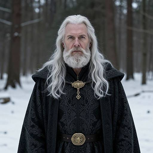 Mystical Elder in Snowy Medieval Forest