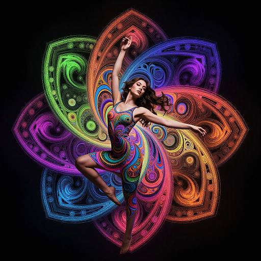 Photograph of a dancing woman in a colorful, patterned dress, surrounded by vibrant, swirling, rainbow-colored mandalas against a black background.