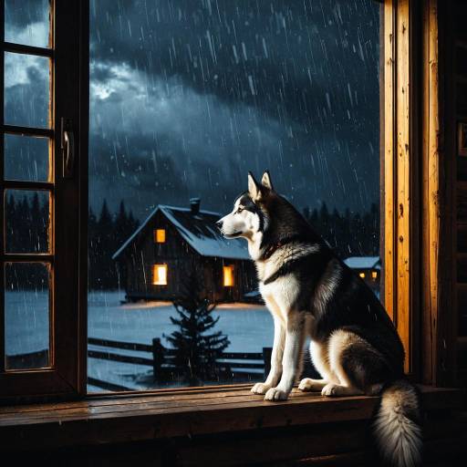 Siberian Husky Gazing Out Rustic Cabin Window in Rain