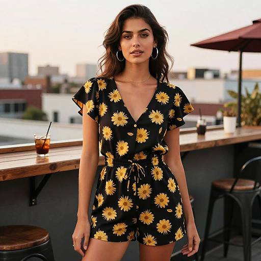 Chic Woman in Floral Romper at Rooftop