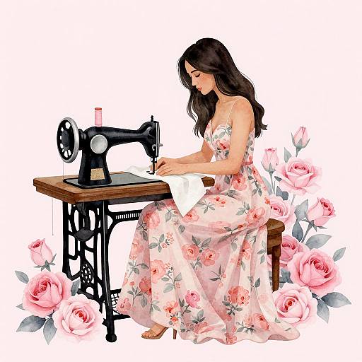 Digital illustration of a woman with long black hair, wearing a floral pink dress, sewing on an antique black sewing machine surrounded by pink roses.