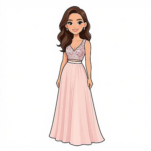 Digital illustration of a smiling woman with long brown hair, wearing a pink, sleeveless, V-neck gown with a white, beaded bodice.
