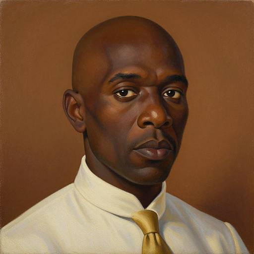 Photorealistic portrait of a serious-looking Black man with a bald head, dark brown skin, wearing a white shirt and gold tie, against a brown
