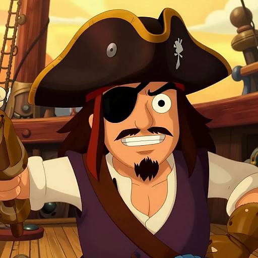 Cartoon pirate with black eye patch, large hat, brown vest, white shirt, grinning, holding rope, ship deck background, vibrant colors.