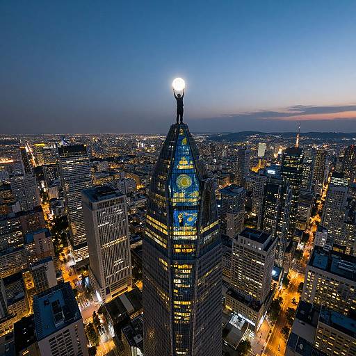 Photograph of a city skyline at dusk, featuring a illuminated, dome-topped skyscraper with a lit sun design and a moon at its peak.