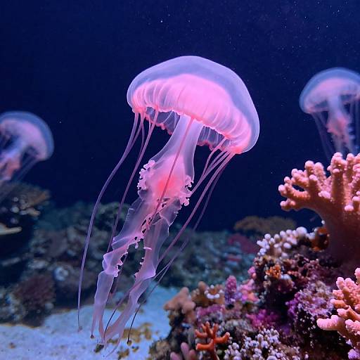 Photograph of a vibrant, glowing pink jellyfish with translucent tentacles, floating above a colorful coral reef in a dark blue ocean.