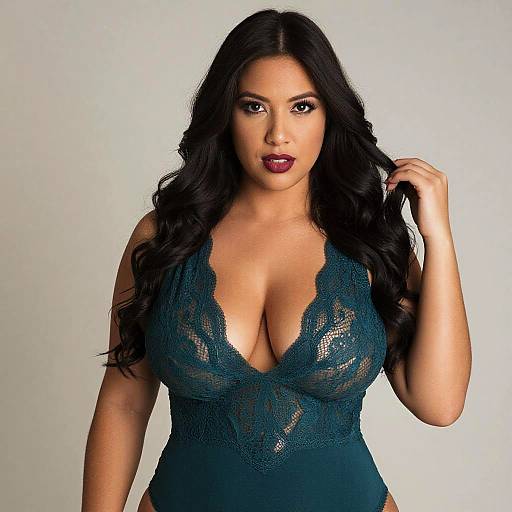 Photograph of a curvy, Latina woman with long black hair, wearing a teal lace bodysuit with a deep V-neck, highlighting her large