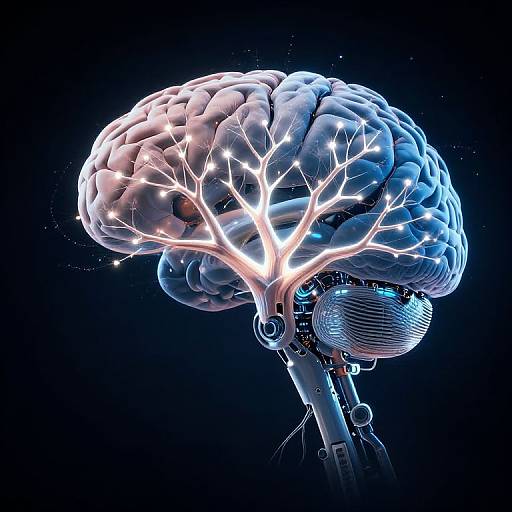 Digital artwork of a glowing, futuristic brain with illuminated neural pathways, metallic connections, and a blue-purple color scheme against a dark background.