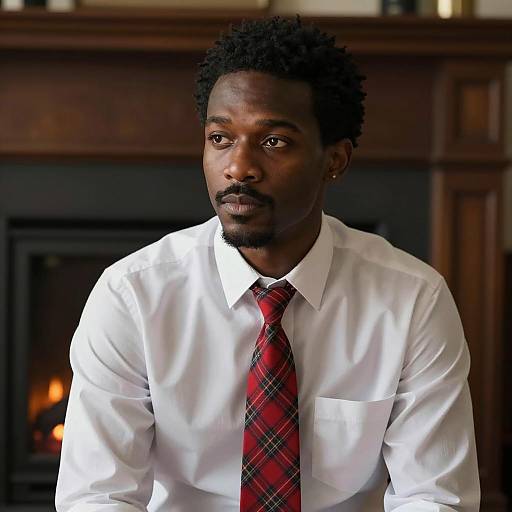 Man in White Shirt and Red Plaid Tie by Fireplace
