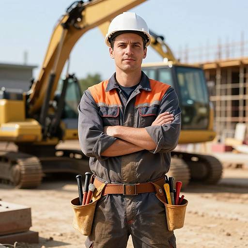 Photograph of a confident male construction worker with white helmet, orange and blue shirt, crossed arms, tool belt, and excavator background.