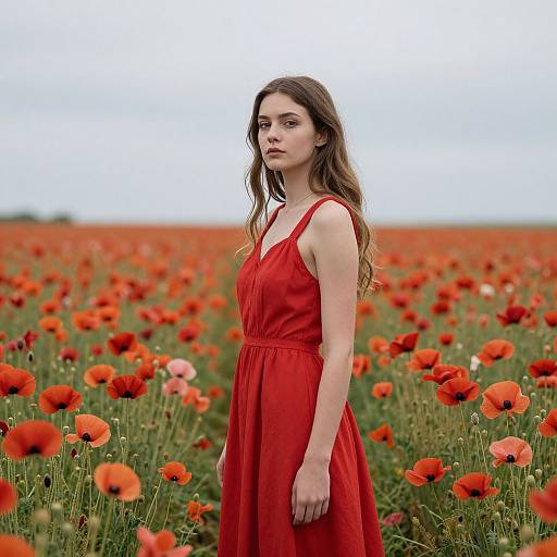 Photograph of a young woman with long brown hair, wearing a red sleeveless dress, standing in a vibrant red poppy field.