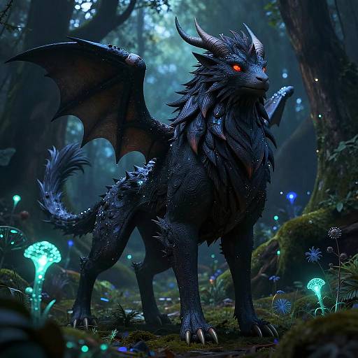Digital artwork of a dark, dragon-like creature with red eyes, black scales, and bat-like wings, standing in a glowing, enchanted forest with bi
