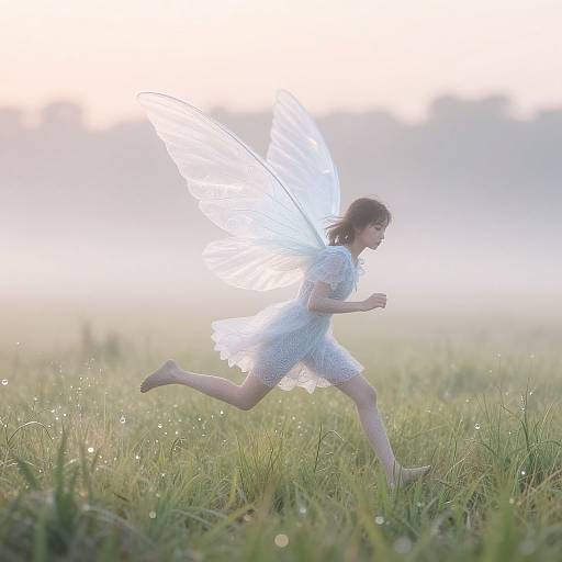 Photograph of a young girl with glowing, ethereal white wings running barefoot through a sunlit, dewy grass field at dawn.