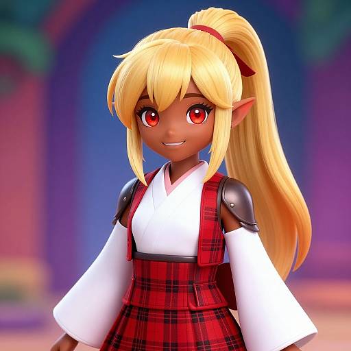 Digital anime-style drawing of a cute, dark-skinned elf girl with red eyes, blonde ponytail, wearing a red plaid dress with white sleeves