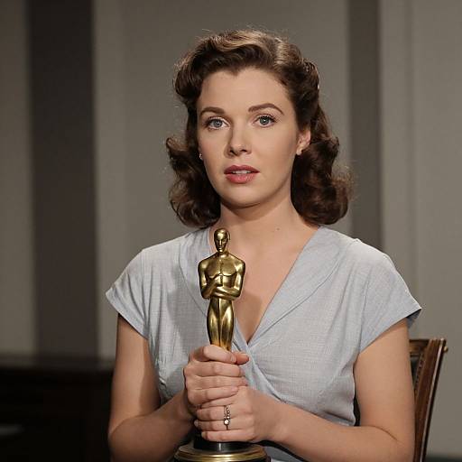 Photograph of a 1950s-style woman with wavy brown hair, wearing a light blue dress, holding a golden Oscar statuette,