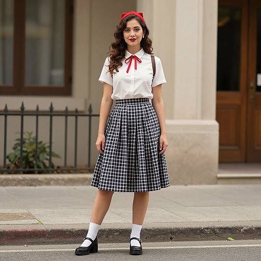 Photograph of a young woman with curly brown hair, wearing a white blouse with red ribbon, black and white plaid skirt, white socks, and