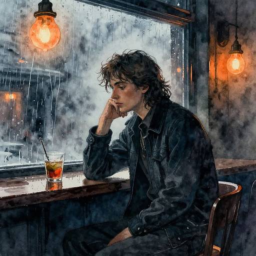 Digital painting of a pensive young man with curly brown hair, in a dark jacket, sitting at a rain-soaked café table, illuminated by warm