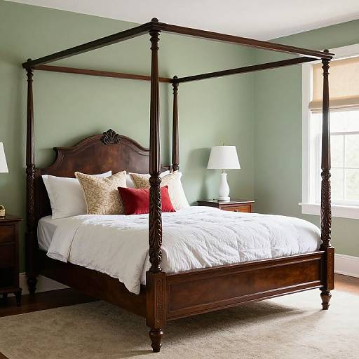 Photograph of a dark wood four-poster bed with white bedding, red and gold pillows, in a green-walled bedroom with two white lamps.