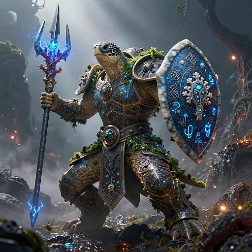 Armored Sea Turtle Battle-Mage with Rune-Engraved Trident