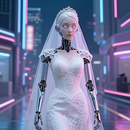 Cybernetic bride in white lace wedding dress and veil, neon-lit futuristic city background, glowing eyes, metallic joints, crown tiara.