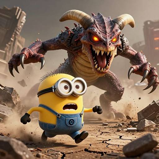 CGI image of Minion fleeing from a large, menacing, purple dragon with sharp horns and glowing red eyes in a dusty, ruins-filled background.