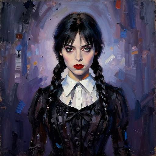 Digital painting of a pale-skinned woman with dark braided hair, red lips, and black Victorian dress, set against a blue and purple abstract background