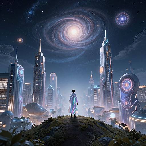 Digital art of a futuristic cityscape at night, featuring a silhouetted figure in a white robe standing on a grassy hill, with glowing