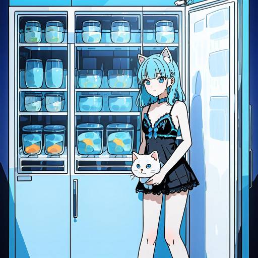 Anime Girl in Refrigerator with Cat