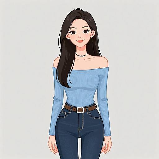 Digital illustration of a smiling Asian woman with long black hair, wearing an off-shoulder light blue top, dark blue jeans, and a brown belt