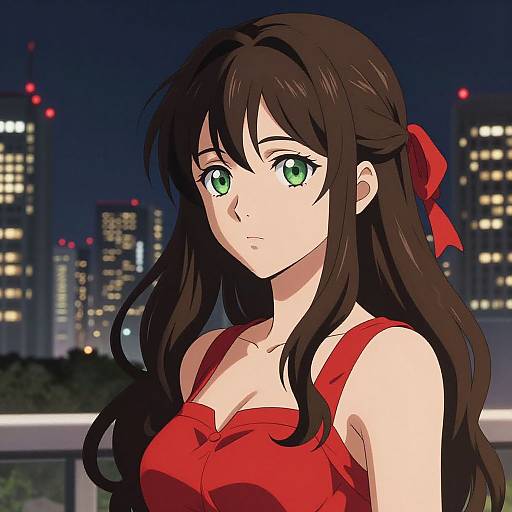 Anime-style digital illustration of a young woman with long brown hair, green eyes, and a red dress, standing against a nighttime city skyline with illuminated skys