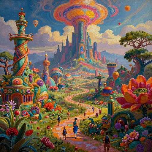 Vibrant, surreal digital painting of a whimsical fantasy landscape with colorful, twisted towers, floating castles, rainbow skies, and small figures walking