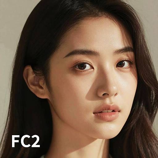 Photorealistic digital portrait of an East Asian woman with long black hair, fair skin, and soft brown eyes, light shadowing. Text 