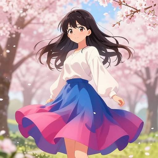 Anime-style digital drawing of a young woman with long black hair, wearing a white blouse and pink-purple blue gradient skirt, standing in a cherry blossom-filled