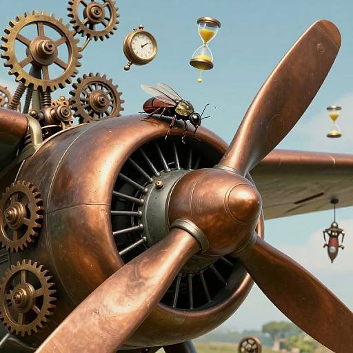 Photograph of a copper, steampunk-style airplane propeller with gears, clock, and hourglass, a red fly on the nose, bright