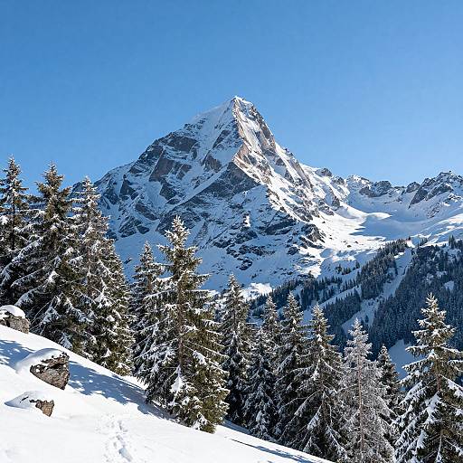 Photograph of a snow-covered, towering mountain peak under a clear blue sky, surrounded by dense, snow-laden evergreen trees in the foreground.