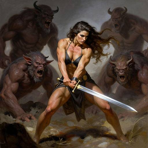Digital painting of muscular, dark-haired woman in black bikini, holding glowing sword, facing four snarling, horned minotaur-like creatures.