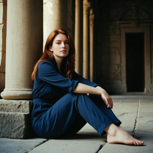 Young Woman in Navy Blue Jumpsuit Sitting by Stone Pillar
