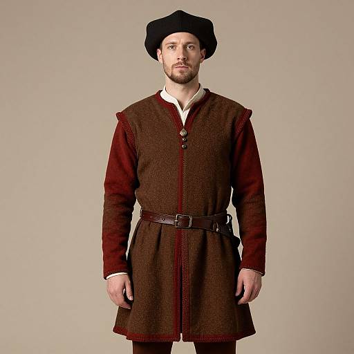 Photograph of a bearded man wearing a black beret, brown medieval-style tunic with red trim, belted at the waist, white shirt